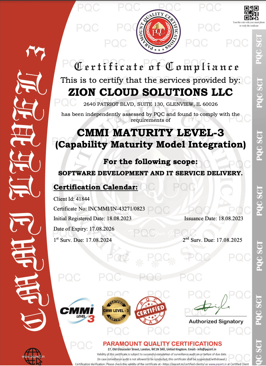 Zion Cloud Solutions Achieves CMMI Level 3 Certification, Demonstrating Commitment to Quality and Performance
