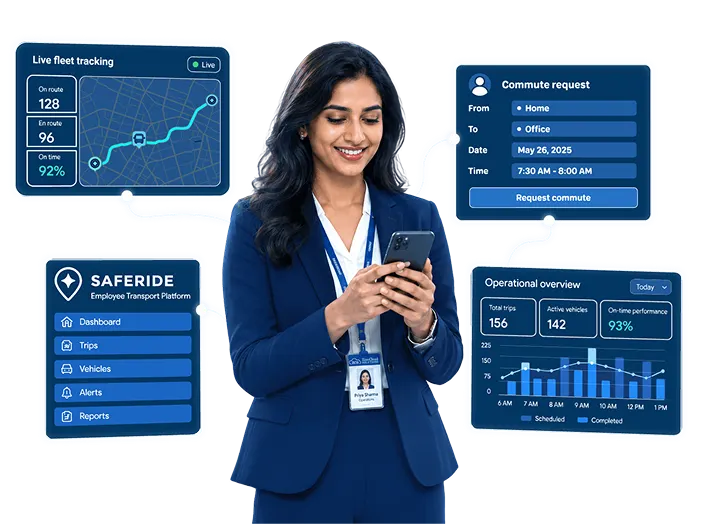SAFERiDE employee transport platform with fleet tracking and commute management dashboards